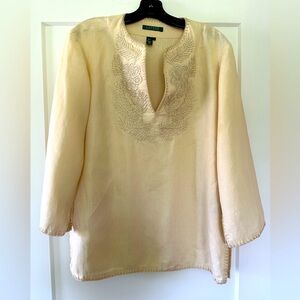 Ralph Lauren linen embroidered tunic L pale creamy yellow in very good condition